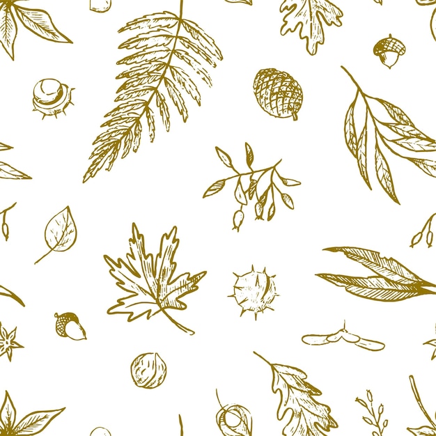 Herbstlaub waldernte nahtloses muster handgezeichnetes vektorornament im skizzenstil botanisches vintage-design für hintergrundverpackung textiltapetendekor