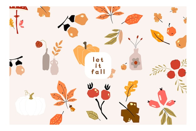 Herbststimmung grußkarte poster vorlage willkommen herbstsaison thanksgiving-einladung minimalistische postkarte natur blätter bäume kürbisse abstrakte formen vektor-illustration im flachen cartoon-stil