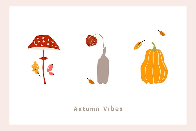 Herbststimmung Grußkarte Poster Vorlage Willkommen Herbstsaison Thanksgiving-Einladung Minimalistische Postkarte Natur Blätter Bäume Kürbisse abstrakte Formen Vektor-Illustration im flachen Cartoon-Stil