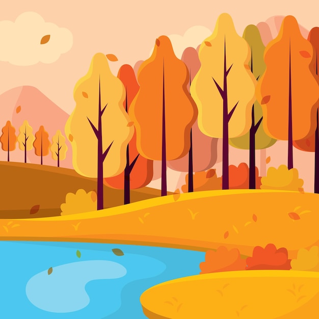 Herbstwald in der Nähe des Flusses mit bunten Bäumen und Blättern Vektor
