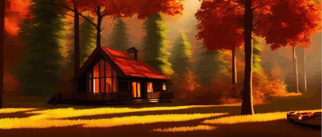 Herbstwald mit einem Holzhaus, Vektor-Cartoon-Illustration einer tiefen Waldlandschaft mit Wald