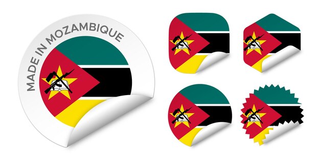 Hergestellt in mosambik flagge aufkleber etiketten abzeichen logo 3d-vektor-illustration mockup isoliert auf weiß