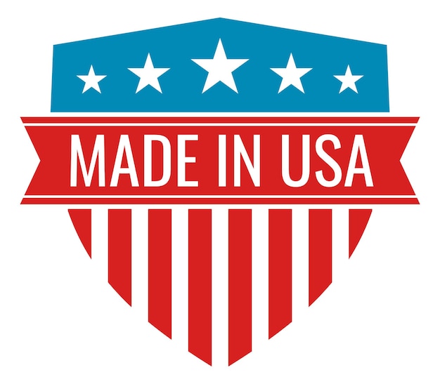 Hergestellt in usa-banner. schild-emblem im stil der amerikanischen flagge isoliert auf weißem hintergrund