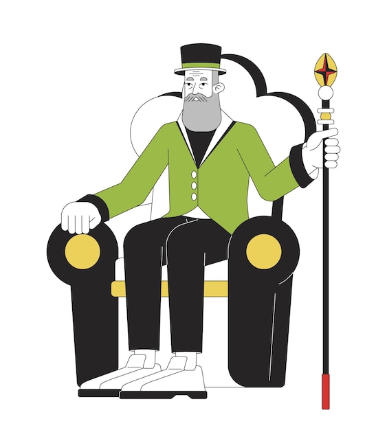 Herr sitzt im Stuhl, flache Linie, Farbvektorfigur, editierbarer Umriss, Ganzkörper-reiche Person, die Zaubererstab auf Weiß hält. Einfache Cartoon-Spot-Illustration für Web-Grafikdesign