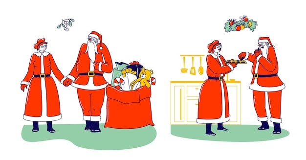 Herr und frau claus charaktere feiern winterferien. glücklicher weihnachtsmann und seine frau, die händchen halten, kekse mit geschenken in der tasche essen. weihnachtsfamilien-liebevolles ehepaar. lineare menschen-vektor-illustration