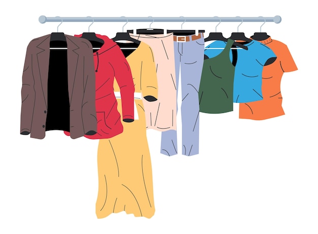 Herren- und Damenkleidung auf Kleiderbügel Haus oder Geschäft Kleiderschrank Kleidung und Accessoires Verschiedene hängende Kleidung Jacke Hemd Jeans Hose Cartoon Flat Vector Illustration