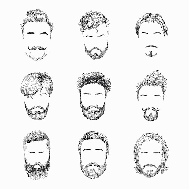 Vektor herrenfrisuren, bärte und schnurrbärte. gentlmen-haarschnitte und gezeichnete illustration der rasuren hand.