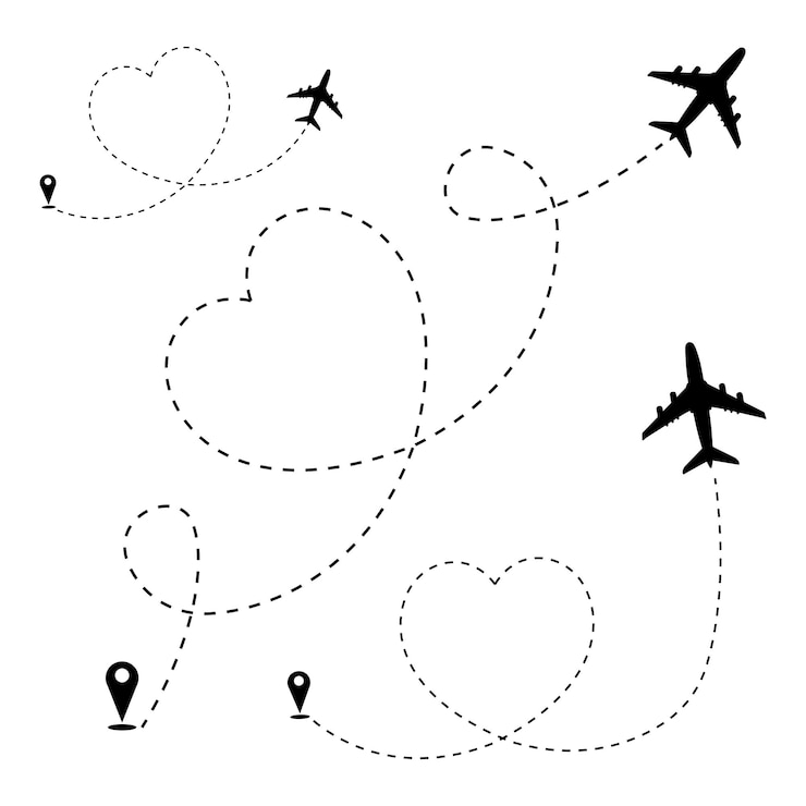Vektor herz-flugzeug-punkt-linien-pfad liebe flugzeug-route im herzen gestrichelte linien bilden liebe-flugzeuge-weg