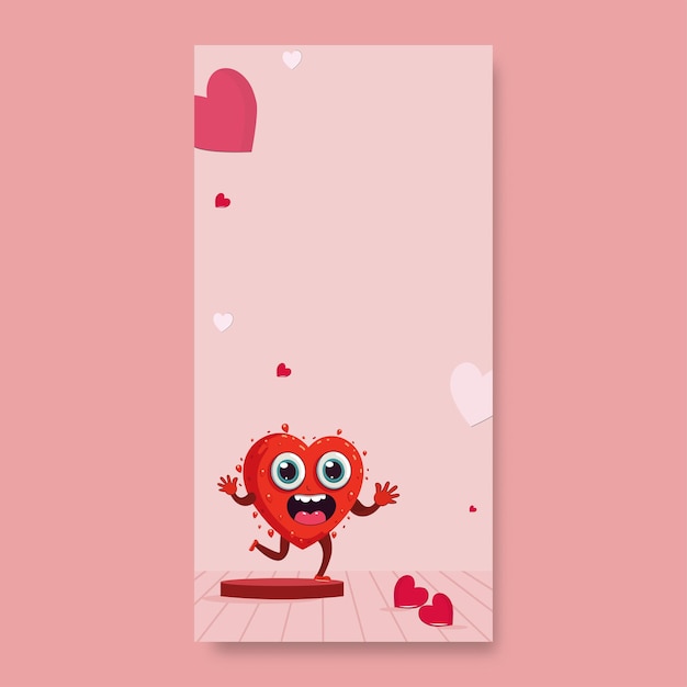 Herz-Maskottchen, das Schweiß auf Podium mit kleinen roten Herzen auf rosa Planken-Beschaffenheits-Hintergrund und Kopienraum wegläuft