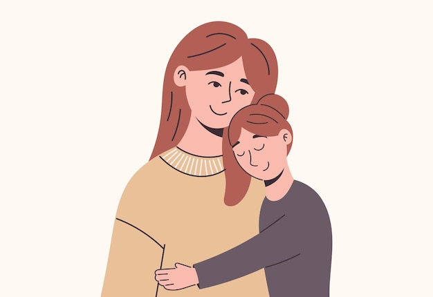 Herzberührende isolierte flache Vektor-Illustration einer Mutter, die ihre Tochter mit Liebe und Sorgfalt umarmt