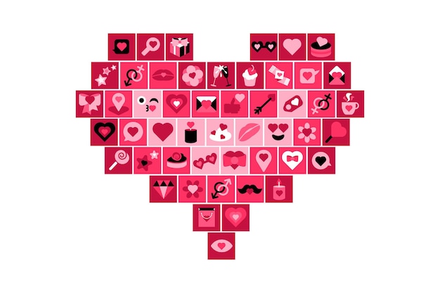Herzförmige Collage aus quadratischen rosa Ikonen mit Symbolen und Zeichen der Liebe Feiertag Valentinstag Hochzeitspaar Jahrestagskarte und Einladungsdesignelement Einfacher flacher Vektor auf rosa Rückseite