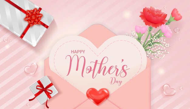 Herzförmige Karte mit den Worten Happy Mother's Day, ein Strauß Nelken und Geschenke