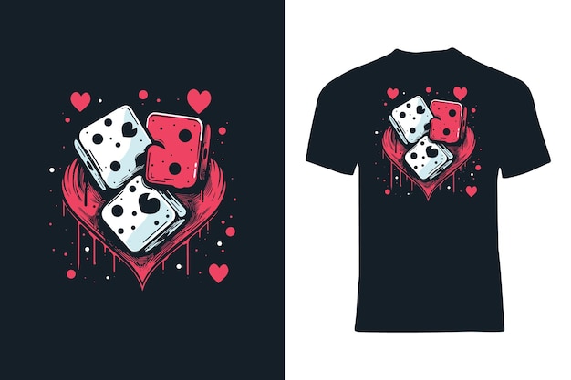 Herzgeschmücktes Würfel-T-Shirt mit romantischem Vektordesign