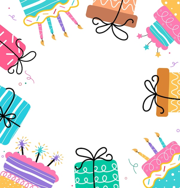 Herzliche Geburtstagsgrüße-Postkarten-Vorlage mit bunten Geschenkkisten und Kuchenelementen Clip Art