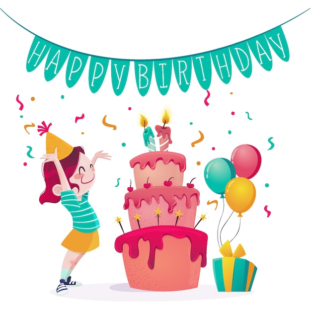 Herzlichen Glückwunsch zum Geburtstag mit Kuchen und Konfetti