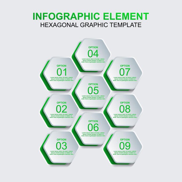 Hexagon-Infografik-Element-Vektorvorlage mit neun Schritten oder Option