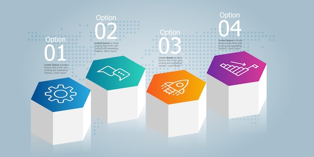 Hexagon isometrische horizontale infografik-präsentationselementvorlage mit business-symbol 4 optionen vektor-illustration hintergrund