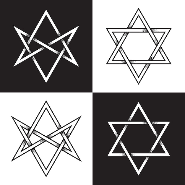 Vektor hexagramm-set klassische und unikursale handgezeichnete punktarbeit altes heidnisches symbol für sechszackigen stern isolierte vektorillustration schwarze arbeit flash tattoo oder druckdesign