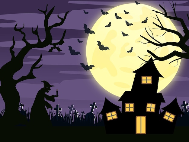 Hexe, bäume, grab und spukhaus auf einem vollmondnachthintergrund.