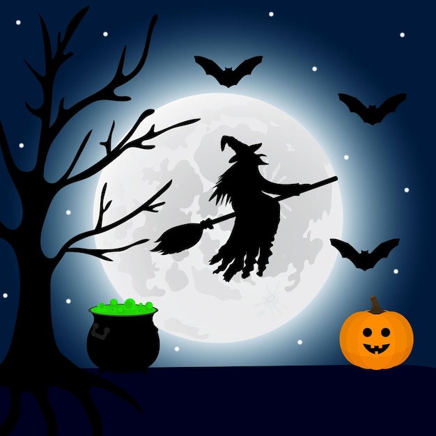 Hexenfliegen nachts an halloween und ein trank und eine kürbislaterne liegen in der nähe. vektorillustration