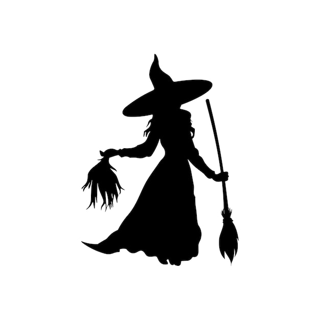 Vektor hexensilhouette, halloween-element, clip-art-symbol, besenstiel, kessel