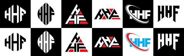 Hhf-buchstaben-logo-design in sechs stilen. hhf-polygon-kreis-dreieck-sechseck-flacher und einfacher stil mit schwarz-weißer farbvariation. buchstaben-logo auf einer zeichenfläche. hhf-minimalistisches und klassisches logo