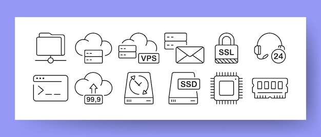 High-tech-set-symbol cloud-speicher e-mail-korrespondenz ssd ssd-festplatte ram cpu website technischer support kopfhörer ordner informationsspeicherkonzept vektorliniensymbol für unternehmen