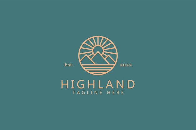 Highland top rocky mountain creative idea logo-konzept mit geometrischer einfacher linienart.