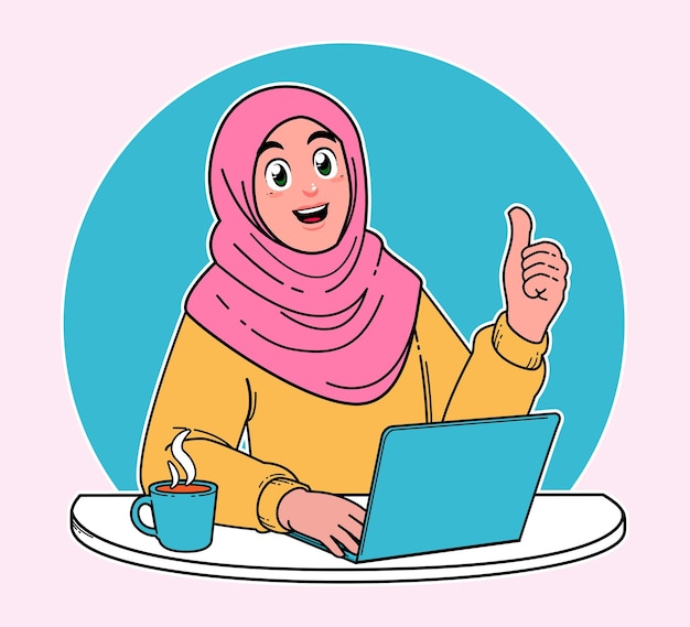 Hijab-frau, die an einem laptop arbeitet und aufgaben erledigt und eine tasse heißen kaffee erledigt