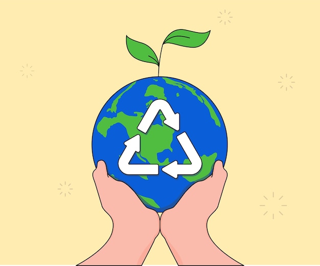 hilfe beim umweltschutz durch recycling illustration set erde hand blatt globus