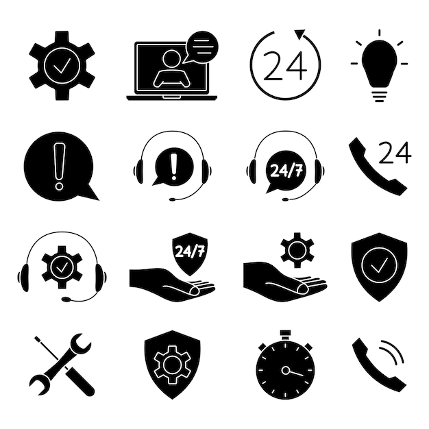 Hilfe- und support-icon-set. technischer online-support. konzeptillustration für unterstützung, callcenter, virtueller hilfedienst. support-lösung oder beratung. vektor-glyphen-symbole