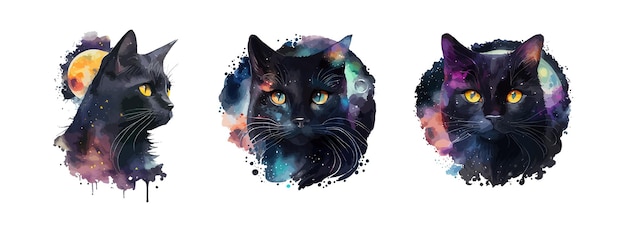 Himmlische schwarze katze aquarellmalerei porträt des schwarzen katzentiers isoliert auf weißem hintergrund abstrakte aquarell-katzenvektorillustration