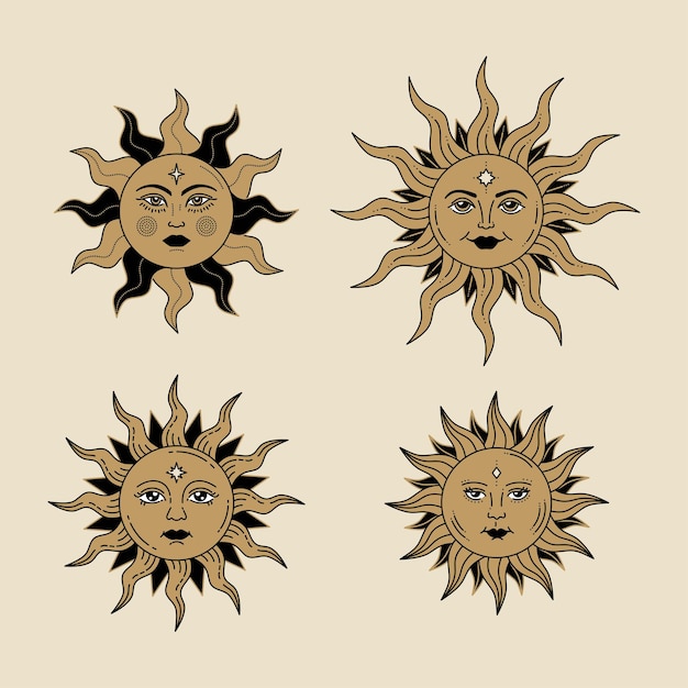 Himmlische sonne mit gesicht und geöffneten augen stilisierte zeichnung tarotkarte mystisches element