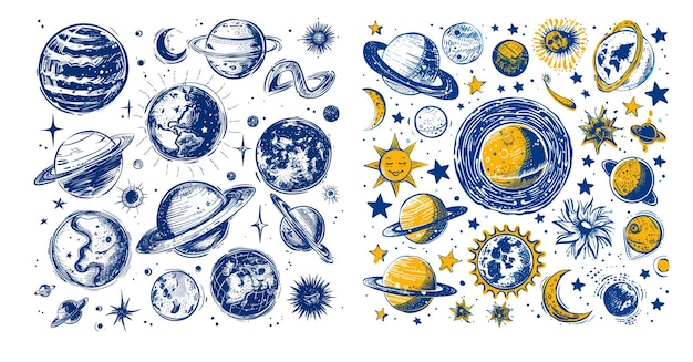 Himmlische Zeichnungen, Zeichnungen der Erde, des Mondes und der Sonne, des Universums, der Weltraum, der Planeten, der modernen Illustrations-Ikonen.