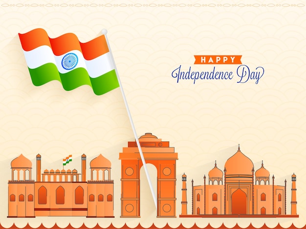 Hindi-sprache der glücklichen unabhängigkeitstag-kalligraphie mit indischer flagge und indischen berühmten monumenten auf beigem hintergrund.