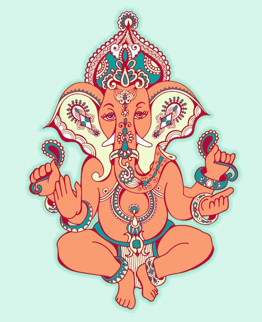 Hindu lord ganesha verzierte skizze zeichnung tattoo yoga spiritualität symbol vektor illustration