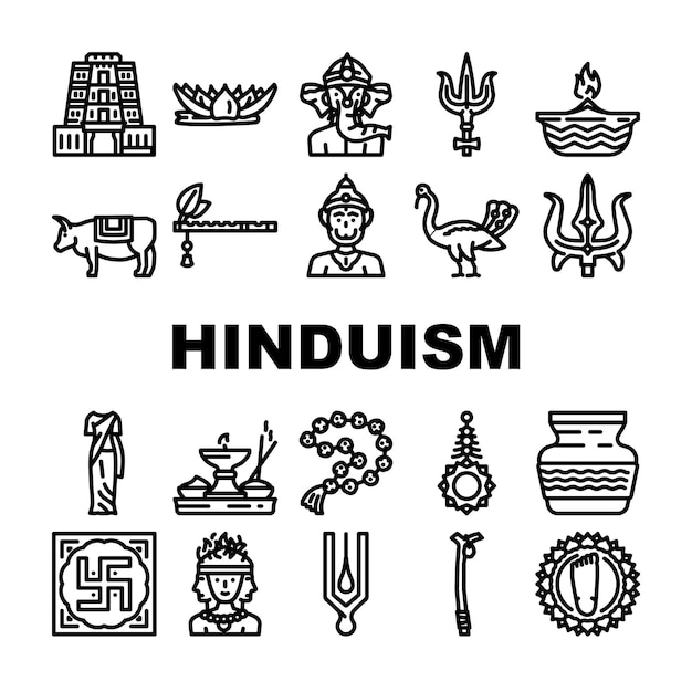 Vektor hinduismus, hinduistischer gott, om-symbole, set, vektor, indien, krishna-skulptur, indische statue, lord vishnu, religion, vedische gottheit, hinduismus, hinduistischer gott, om, schwarze konturillustrationen