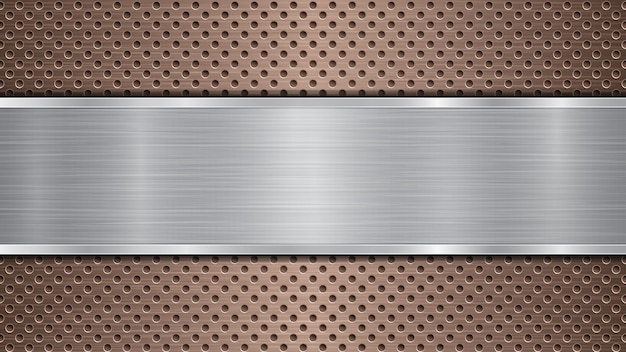 Vektor hintergrund aus bronzefarbener perforierter metalloberfläche mit löchern und horizontaler silberpolierter platte mit metalltextur und glänzenden kanten