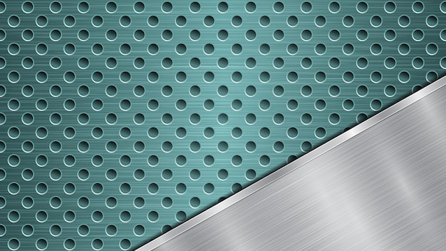 Vektor hintergrund aus hellblauer perforierter metalloberfläche mit löchern und abgewinkelter silberpolierter platte mit metalltextur und glänzenden kanten