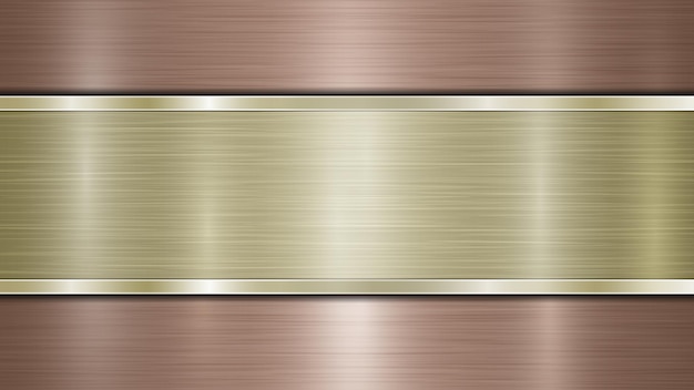 Hintergrund bestehend aus einer bronzefarbenen, glänzenden metalloberfläche und einer horizontalen, polierten, goldenen platte, die sich zentral mit einer metalltextur und polierten kanten befindet