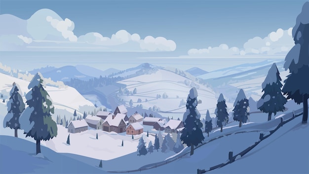Hintergrund blau gefärbte landschaft schneebedeckte hügel mit kleinen häusern kleine häuser