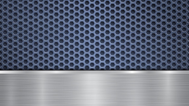 Hintergrund der blauen perforierten metallischen oberfläche mit löchern und horizontaler silberpolierter platte mit einer metalltextur und glänzenden kanten
