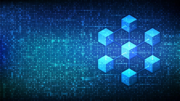 Hintergrund der Blockchain-Technologie mit Binärcode Informationsblöcke im Cyberspace Dezentralisiertes Netzwerk Fintech-Kryptowährung Matrixhintergrund mit Ziffern 10 Vektorillustration