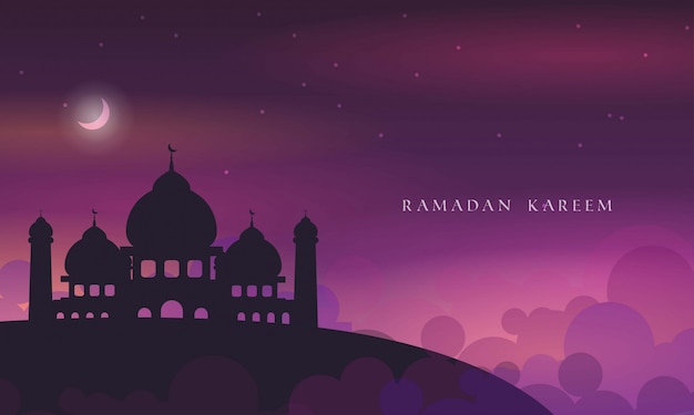 Vektor hintergrund der ramadan-kareem-nachtillustration, silhoutte-moschee, wolke, sterne und mond