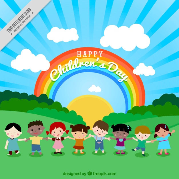 Hintergrund der schönen kinder in der natur mit regenbogen
