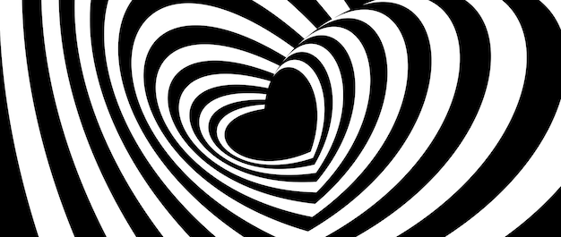 Hintergrund des hypnotischen Tunnels Herz Schwarz-Weiß optische Illusion Muster herzförmig Op Art Design