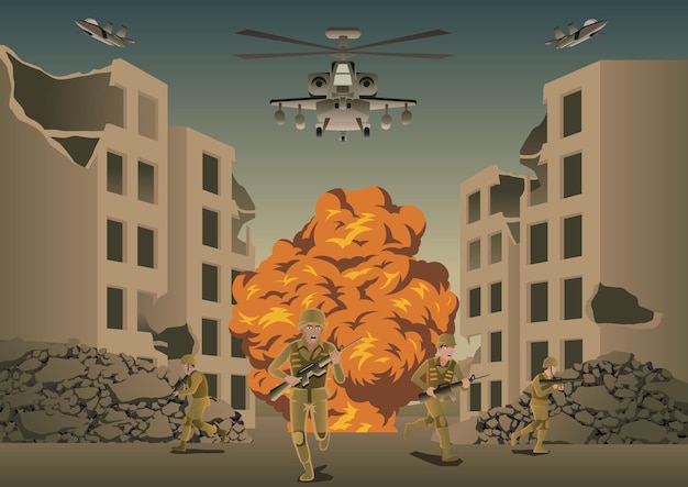 Hintergrund des Krieges in der Situation der Schlacht zwischen zerstörter Stadt, Vektorillustration
