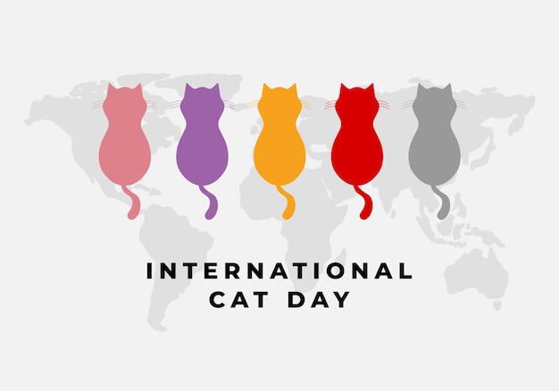 Hintergrund für den internationalen katzentag am 8. august mit fünf katzen und einer weltkarte lustige zeichentrickkatze glückliche tiere druck zu grußkartenplakat auf weißer farbe