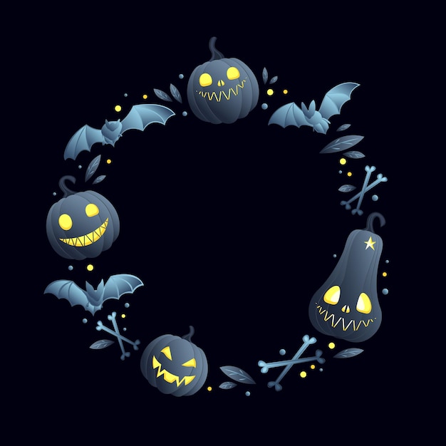 Vektor hintergrund für halloween mit elementen, die in einem kreis angeordnet sind, kürbisse, fledermäuse, gekreuzte knochen und blätter