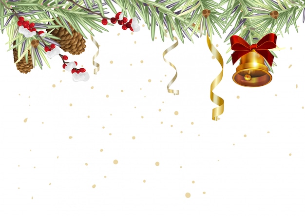 Hintergrund für Weihnachtskarte. Fichtenzweige und goldene Glocke